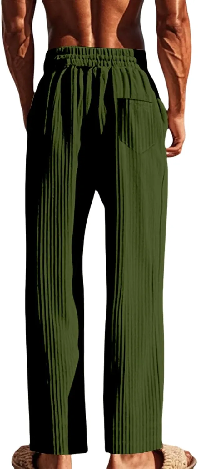 Men's Casual Pants Elastic Waist Drawstring Sweatpants Vertical Stripes Straight-Legs Pants Loose Trouser with Pockets