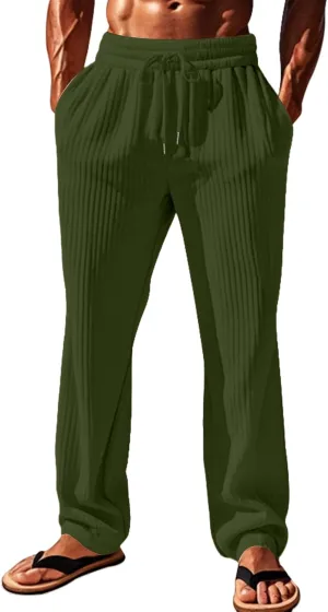 Men's Casual Pants Elastic Waist Drawstring Sweatpants Vertical Stripes Straight-Legs Pants Loose Trouser with Pockets