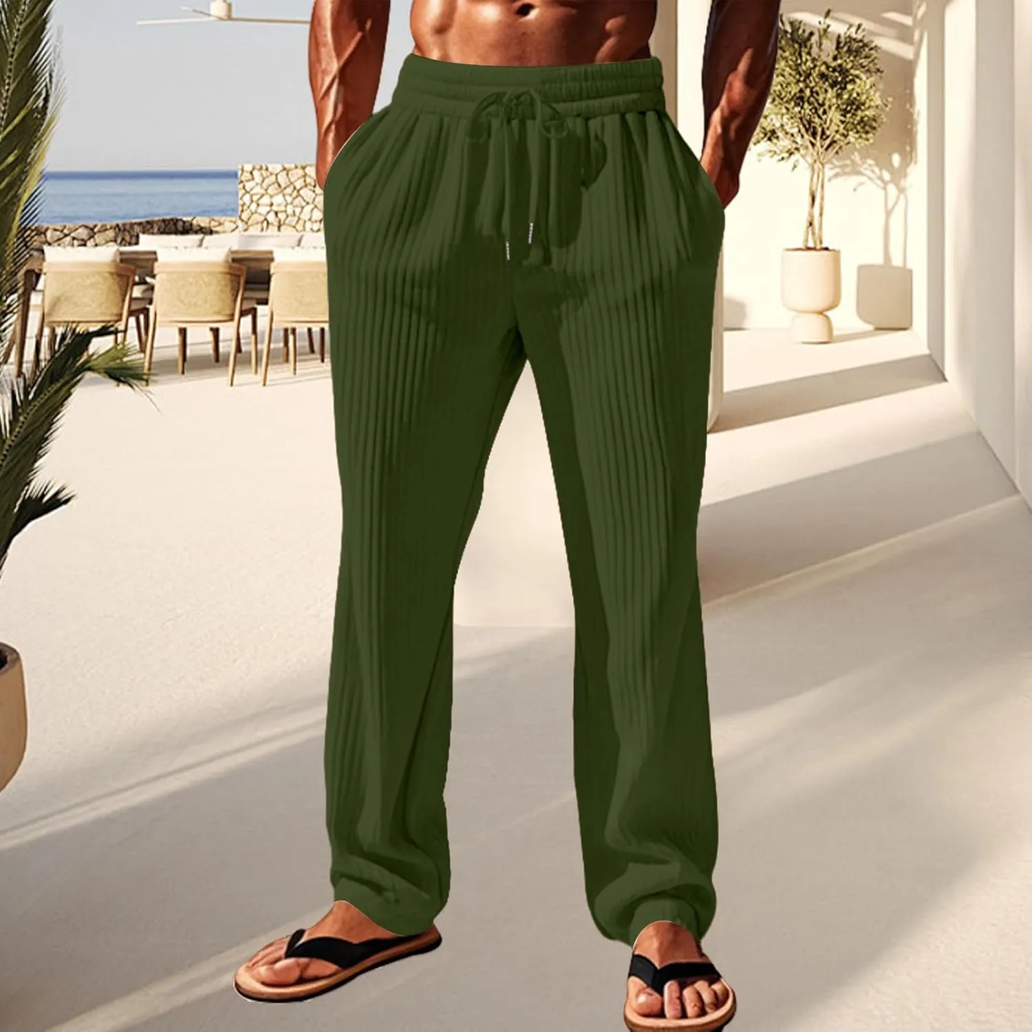 Men's Casual Pants Elastic Waist Drawstring Sweatpants Vertical Stripes Straight-Legs Pants Loose Trouser with Pockets