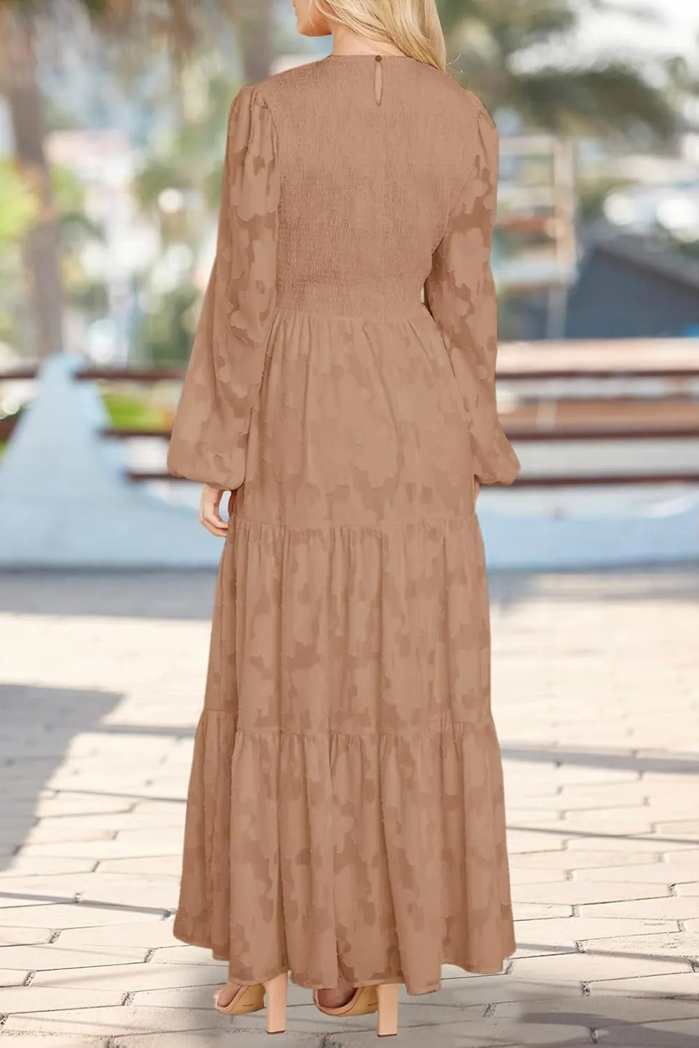MITILLY Women's Elegant Floral Long Sleeve Round Neck Smocked A-Line Flowy Tiered Maxi Dress with Pockets