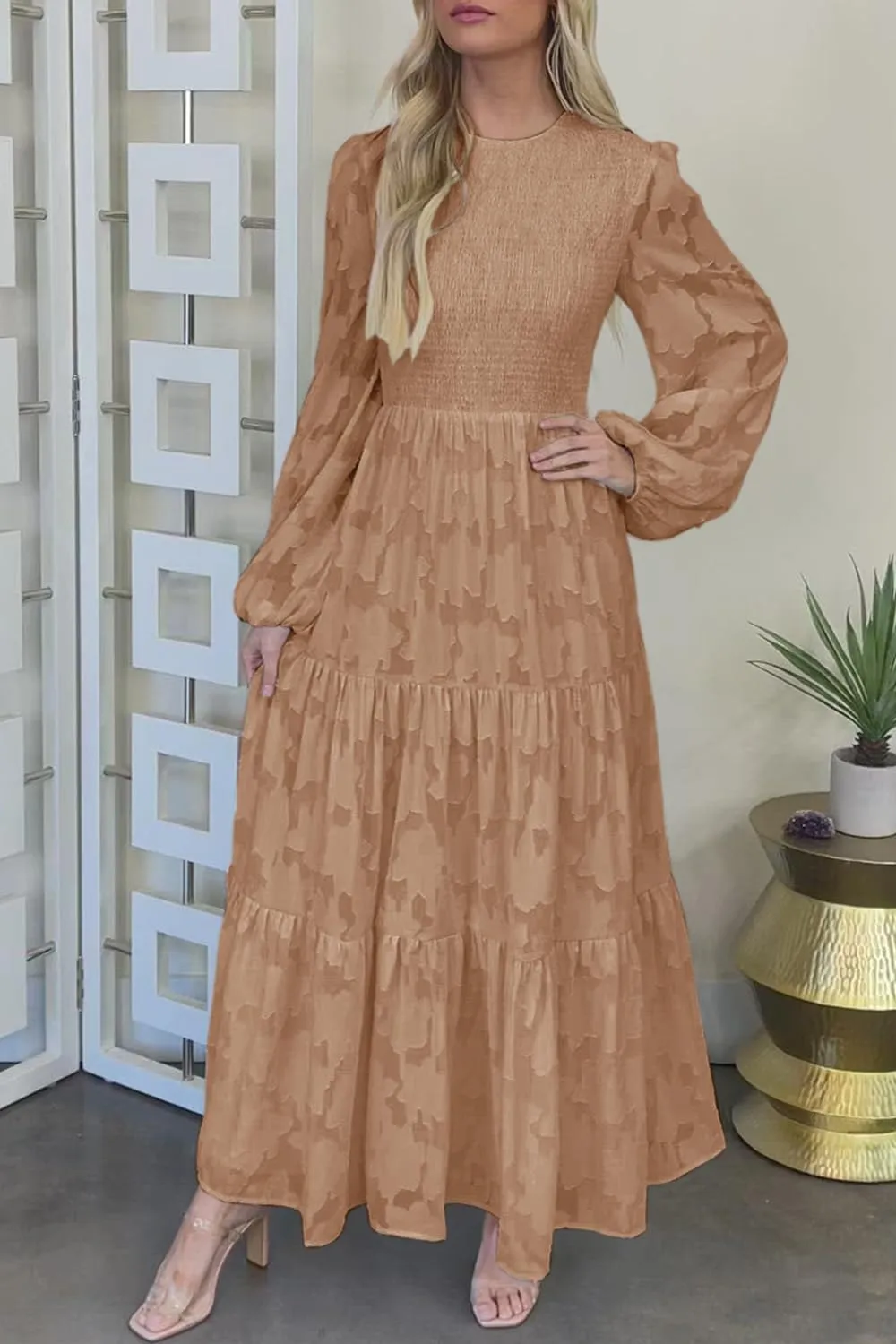 MITILLY Women's Elegant Floral Long Sleeve Round Neck Smocked A-Line Flowy Tiered Maxi Dress with Pockets