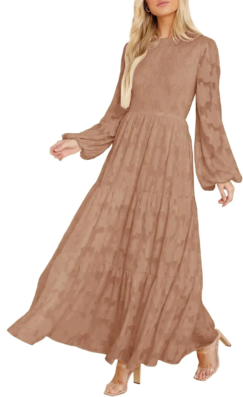 MITILLY Women's Elegant Floral Long Sleeve Round Neck Smocked A-Line Flowy Tiered Maxi Dress with Pockets