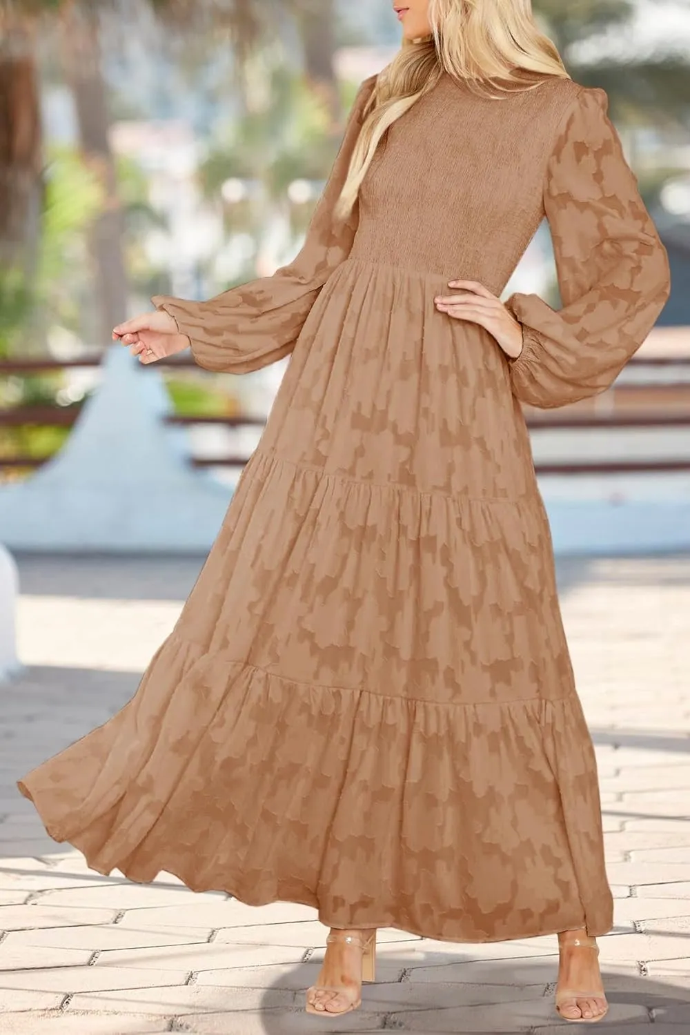 MITILLY Women's Elegant Floral Long Sleeve Round Neck Smocked A-Line Flowy Tiered Maxi Dress with Pockets