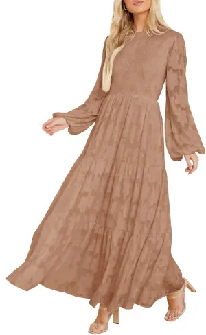 MITILLY Women's Elegant Floral Long Sleeve Round Neck Smocked A-Line Flowy Tiered Maxi Dress with Pockets
