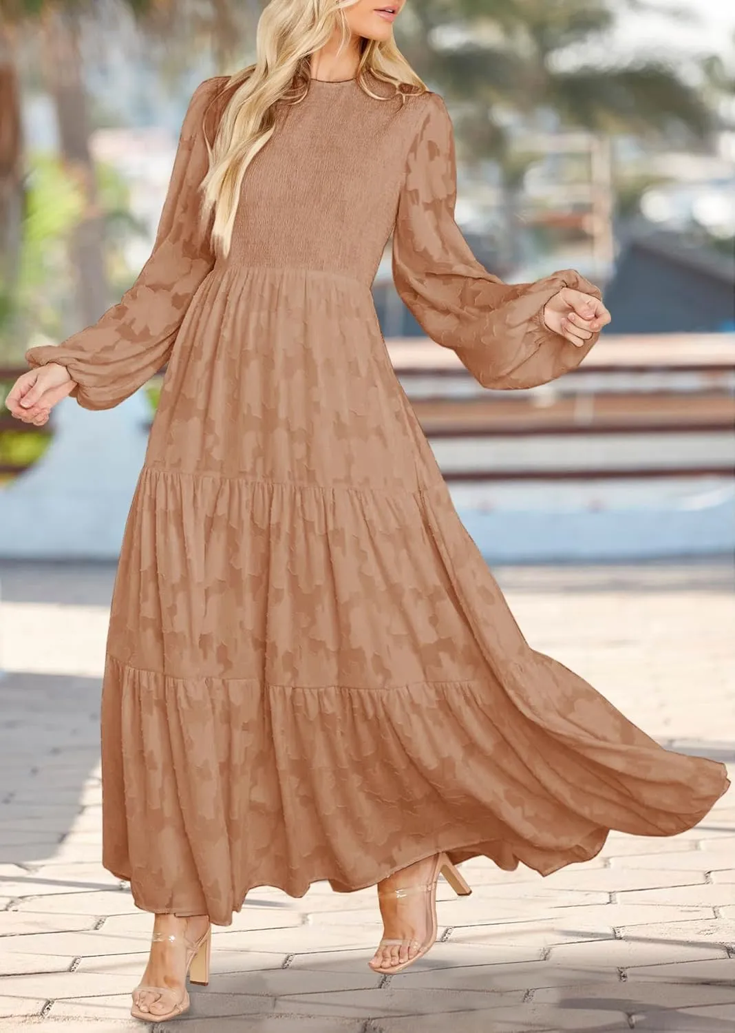 MITILLY Women's Elegant Floral Long Sleeve Round Neck Smocked A-Line Flowy Tiered Maxi Dress with Pockets