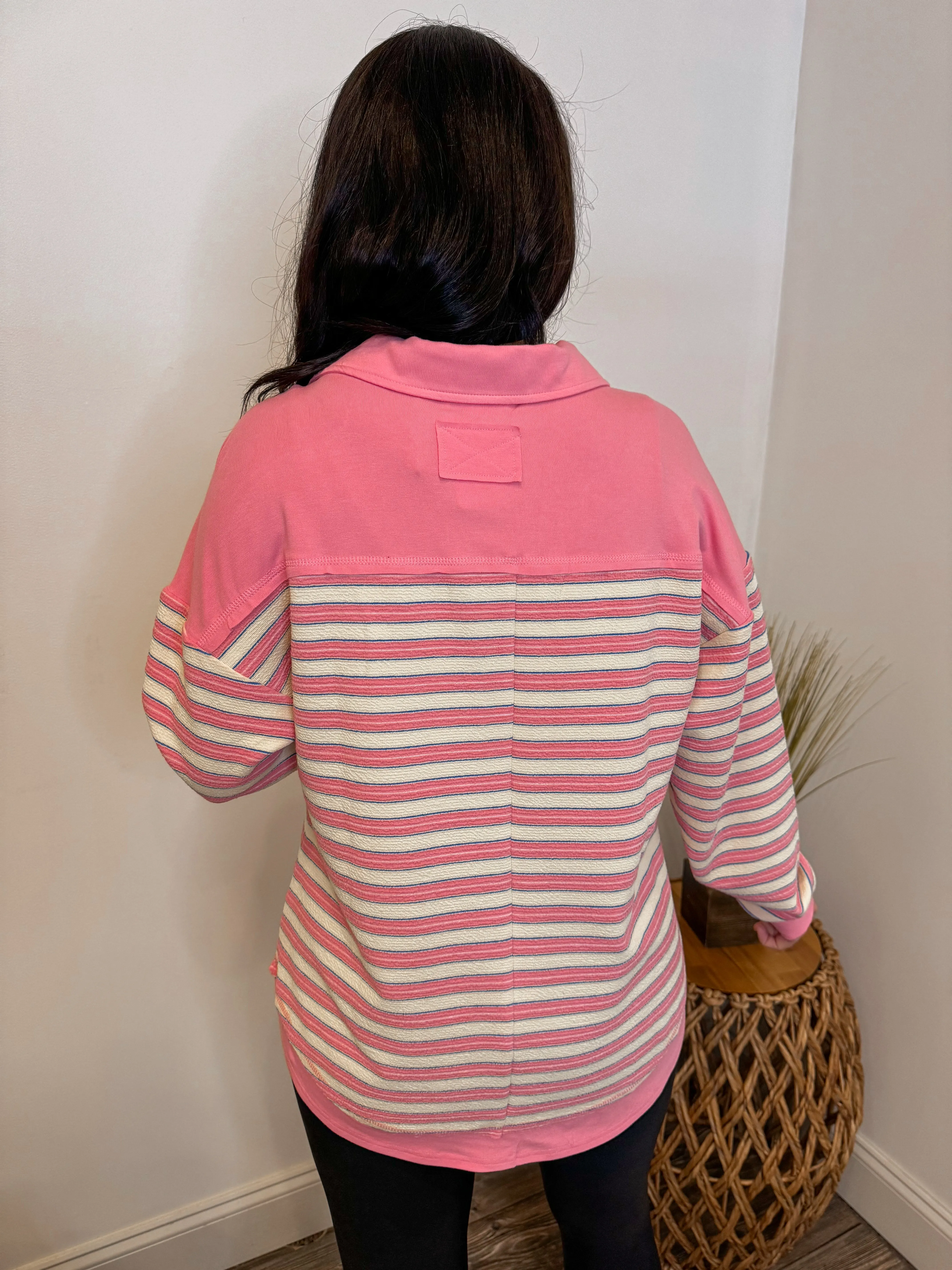 Pink Collared Striped Pullover