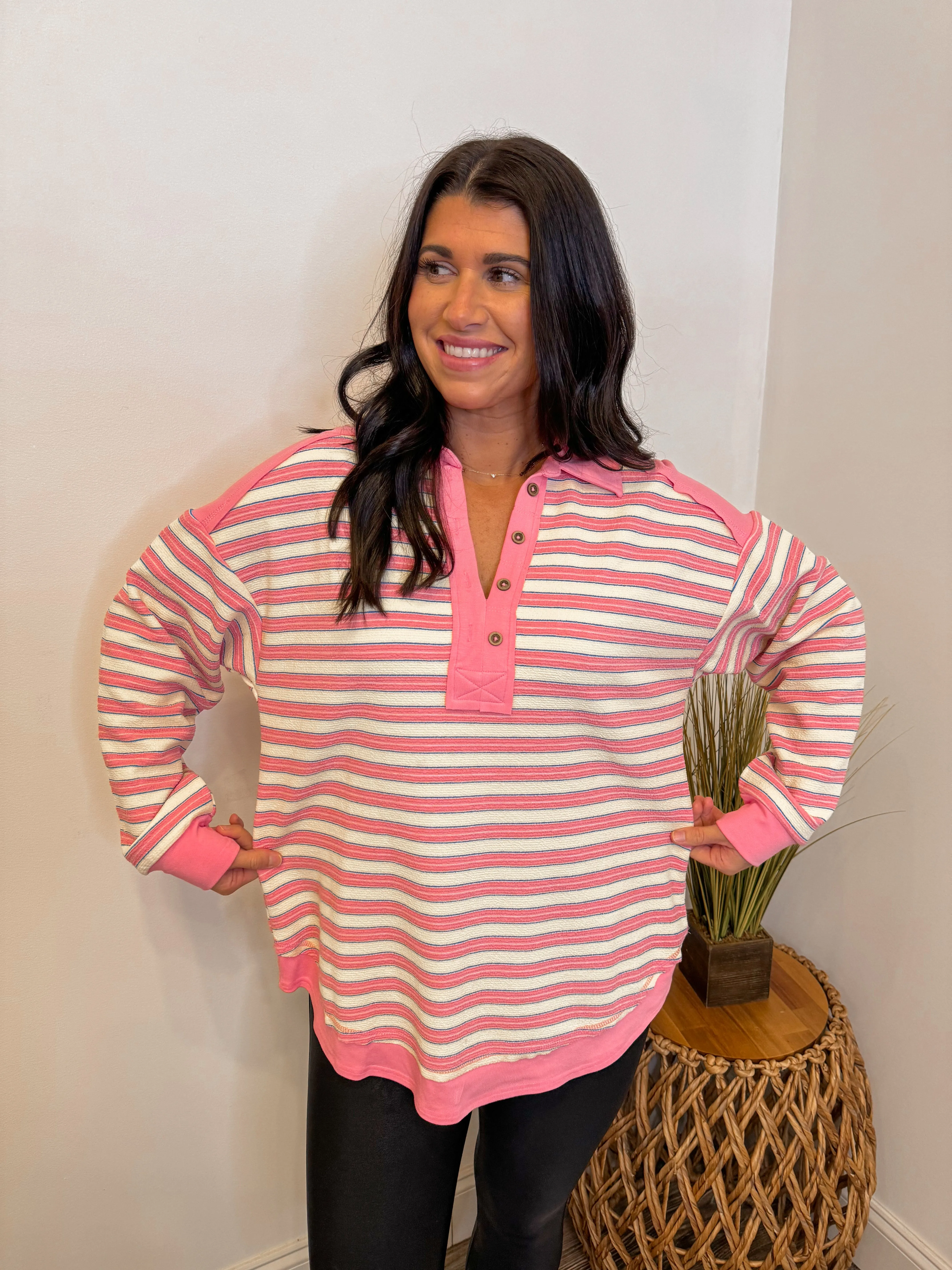 Pink Collared Striped Pullover