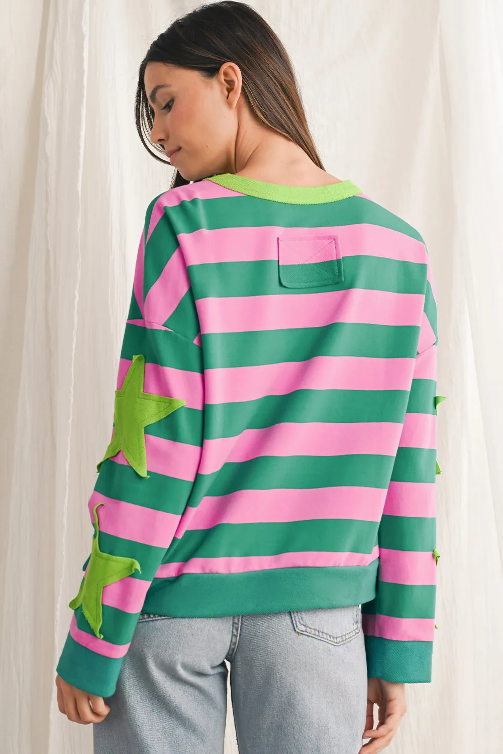 Pink Stripe Star Patchwork Round Neck Pullover Sweatshirt