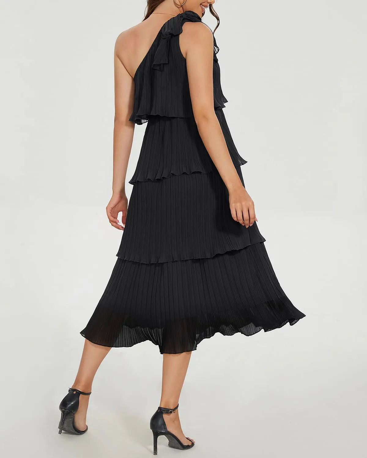 Pinup Fashion Women's 2024 Summer One Shoulder Sleeveless Dress Knot Pleated Ruffle Tiered Layered Chiffon Flowy Midi Dresses