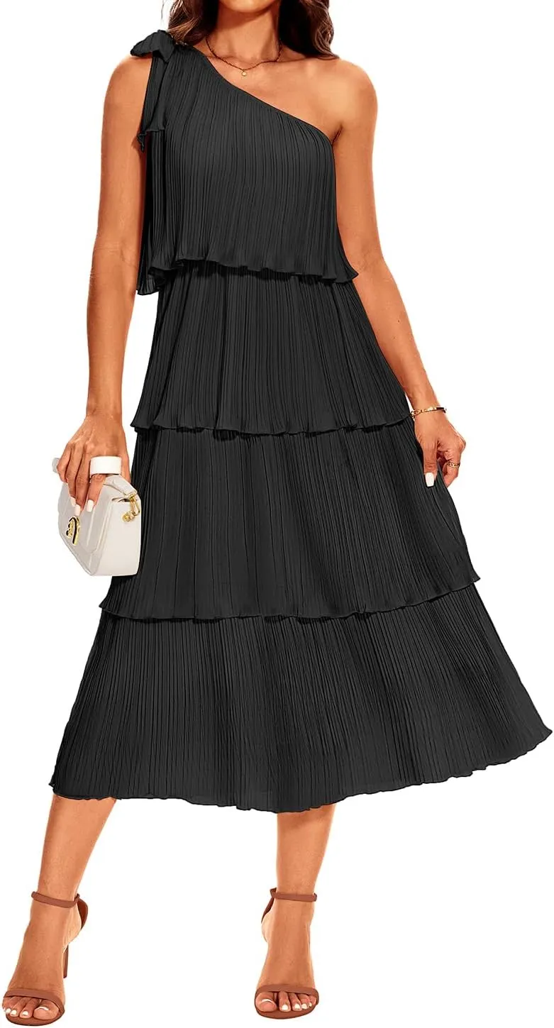 Pinup Fashion Women's 2024 Summer One Shoulder Sleeveless Dress Knot Pleated Ruffle Tiered Layered Chiffon Flowy Midi Dresses