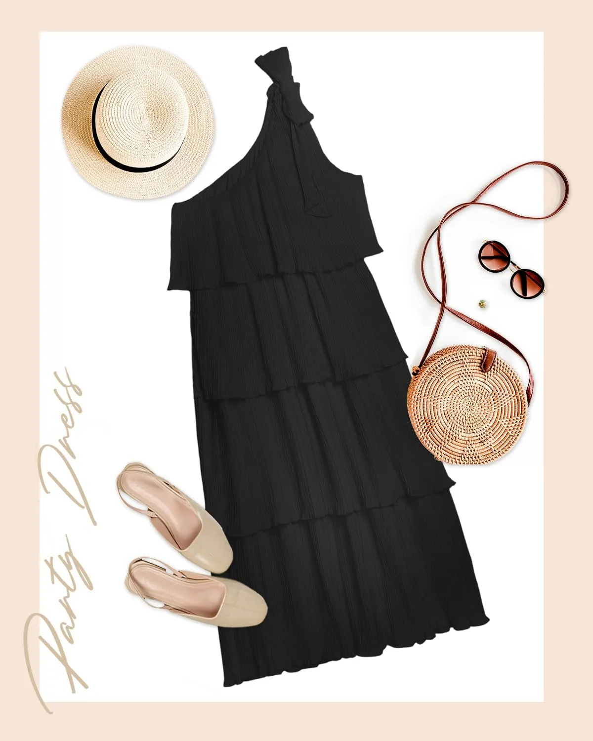 Pinup Fashion Women's 2024 Summer One Shoulder Sleeveless Dress Knot Pleated Ruffle Tiered Layered Chiffon Flowy Midi Dresses