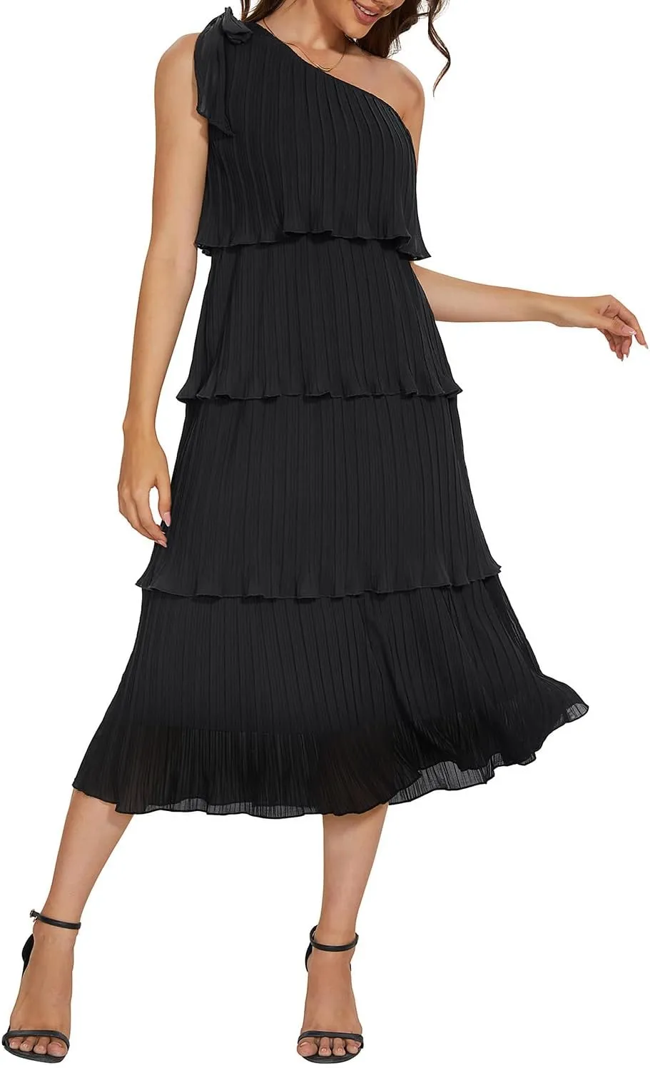 Pinup Fashion Women's 2024 Summer One Shoulder Sleeveless Dress Knot Pleated Ruffle Tiered Layered Chiffon Flowy Midi Dresses
