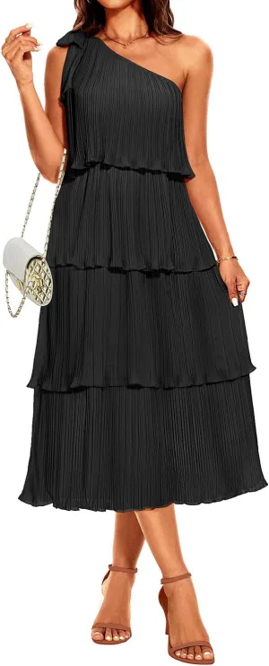 Pinup Fashion Women's 2024 Summer One Shoulder Sleeveless Dress Knot Pleated Ruffle Tiered Layered Chiffon Flowy Midi Dresses