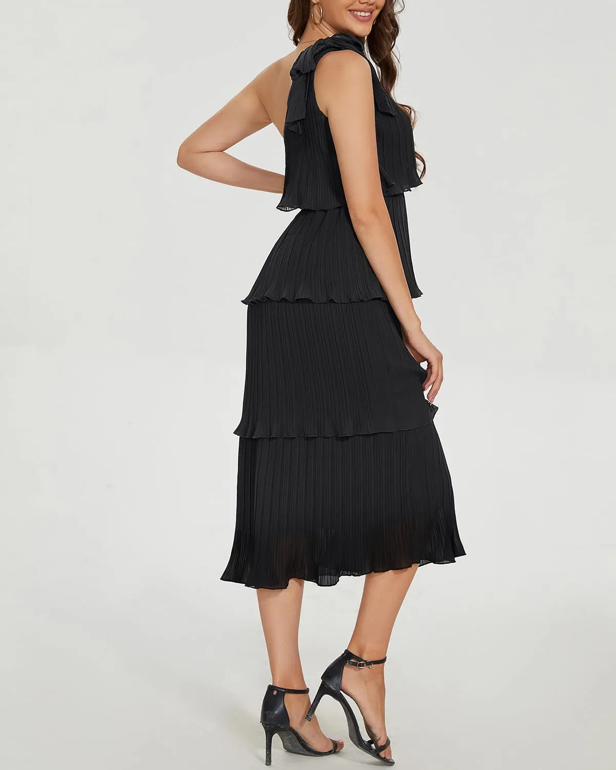 Pinup Fashion Women's 2024 Summer One Shoulder Sleeveless Dress Knot Pleated Ruffle Tiered Layered Chiffon Flowy Midi Dresses