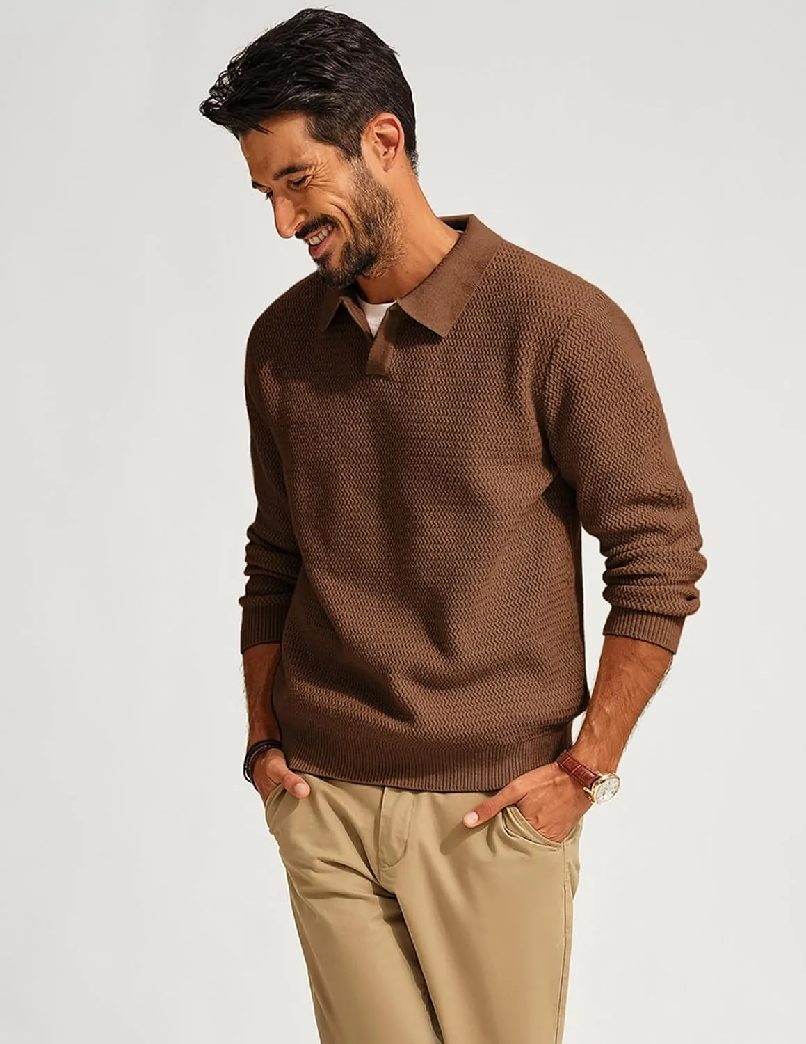 PJ PAUL JONES Men's Polo Shirts Long Sleeve Knit Polo Sweater Cable Knit Textured Sweater