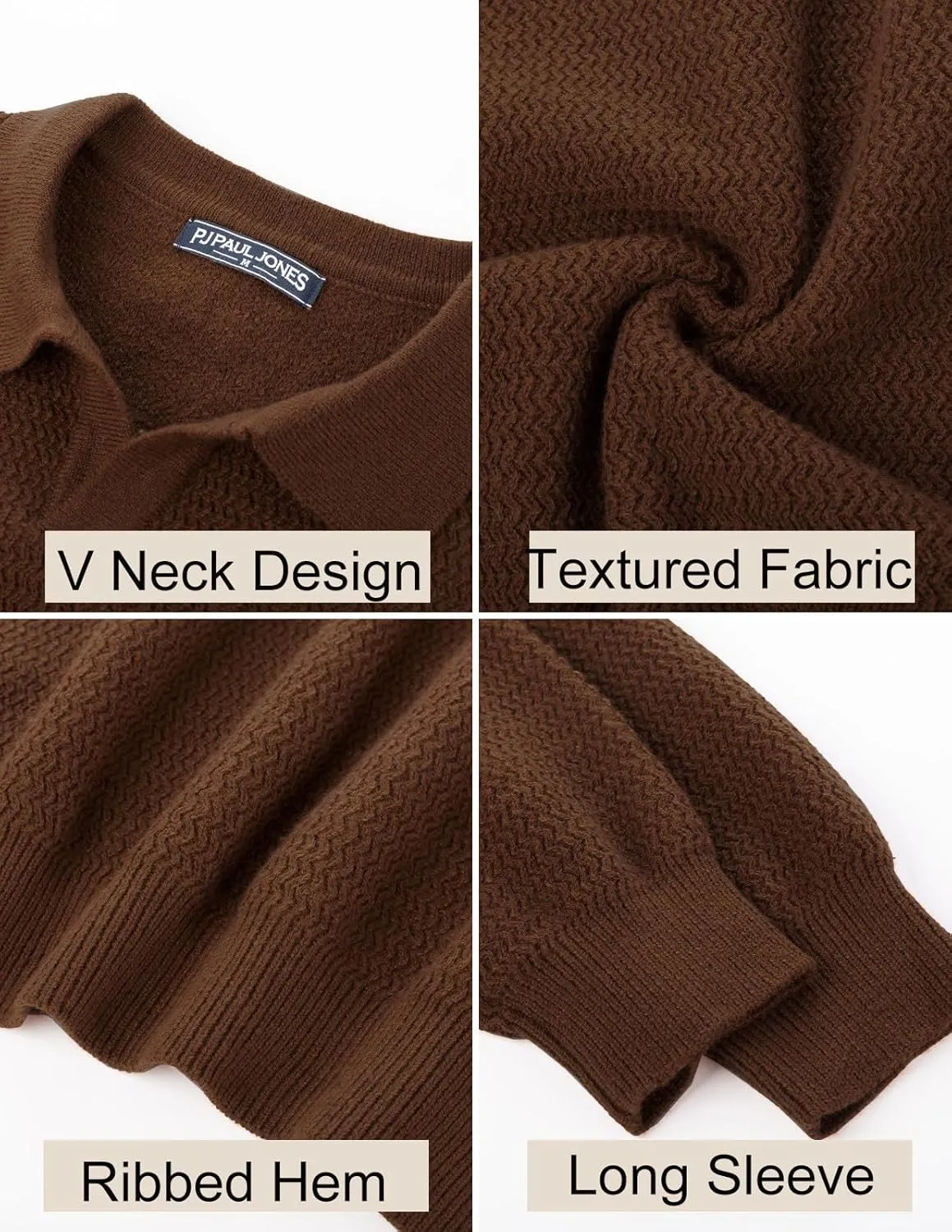 PJ PAUL JONES Men's Polo Shirts Long Sleeve Knit Polo Sweater Cable Knit Textured Sweater