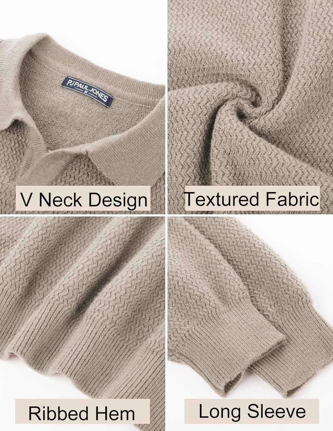 PJ PAUL JONES Men's Polo Shirts Long Sleeve Knit Polo Sweater Cable Knit Textured Sweater
