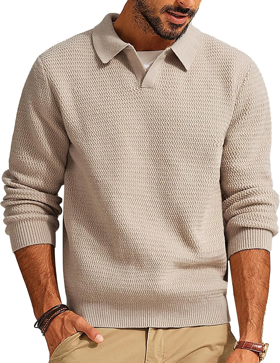PJ PAUL JONES Men's Polo Shirts Long Sleeve Knit Polo Sweater Cable Knit Textured Sweater