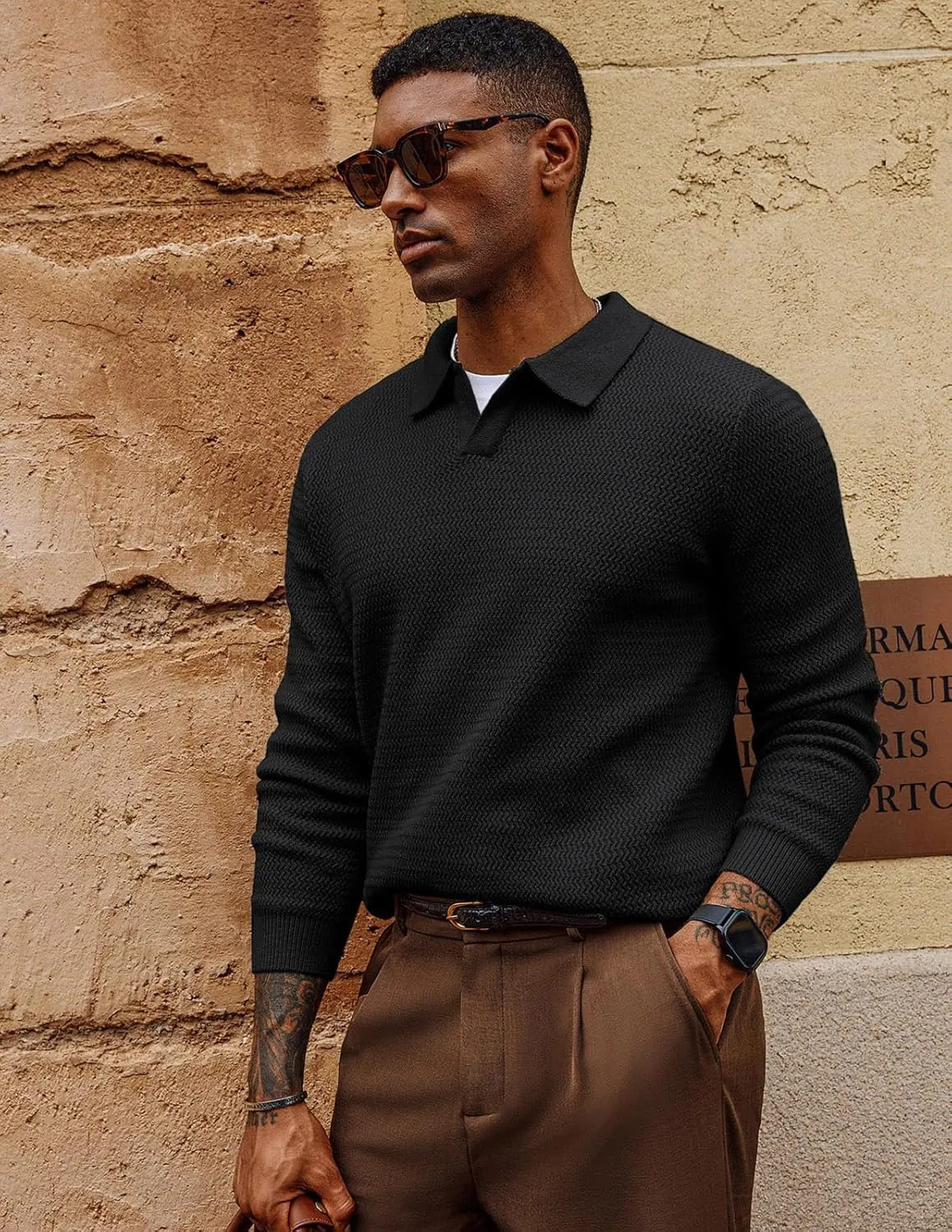 PJ PAUL JONES Men's Polo Shirts Long Sleeve Knit Polo Sweater Cable Knit Textured Sweater