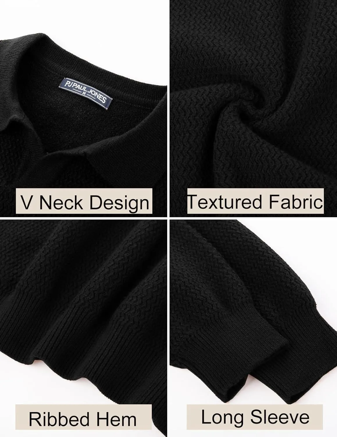PJ PAUL JONES Men's Polo Shirts Long Sleeve Knit Polo Sweater Cable Knit Textured Sweater