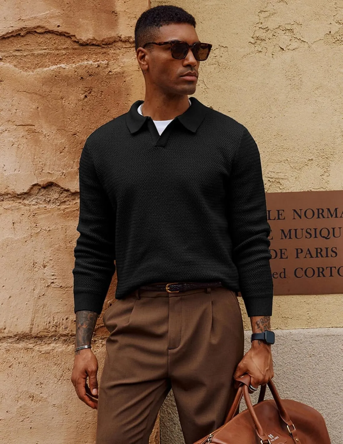 PJ PAUL JONES Men's Polo Shirts Long Sleeve Knit Polo Sweater Cable Knit Textured Sweater