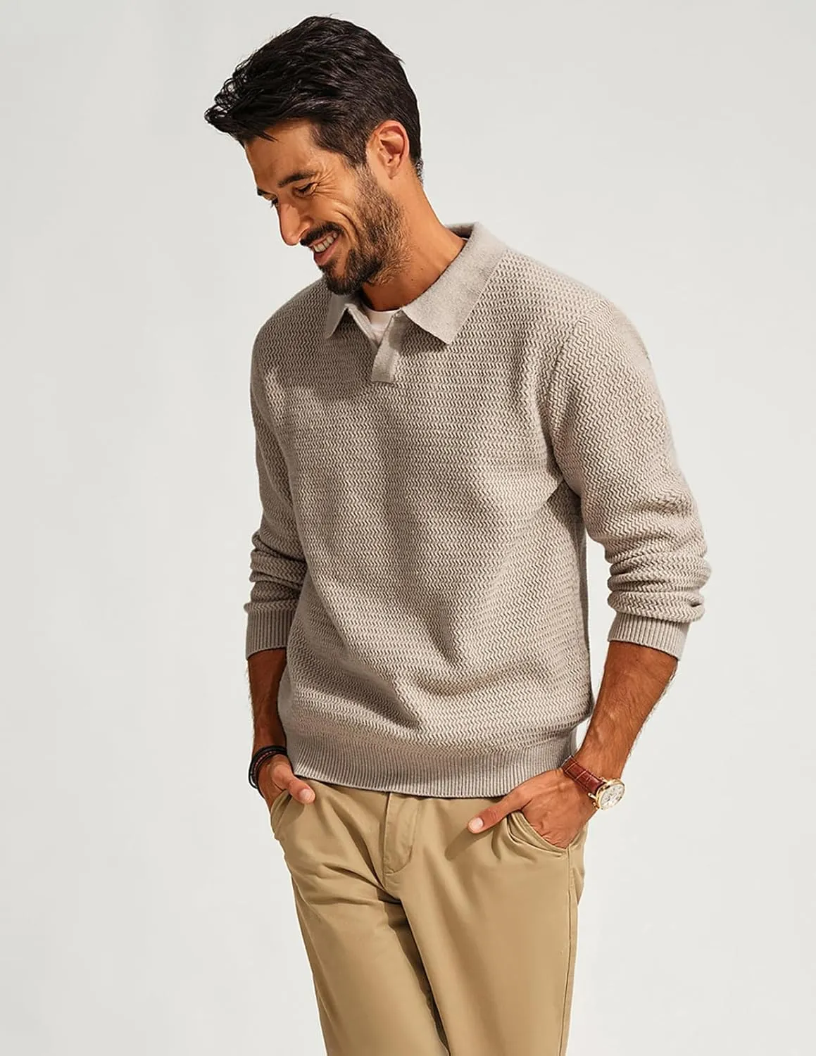 PJ PAUL JONES Men's Polo Shirts Long Sleeve Knit Polo Sweater Cable Knit Textured Sweater