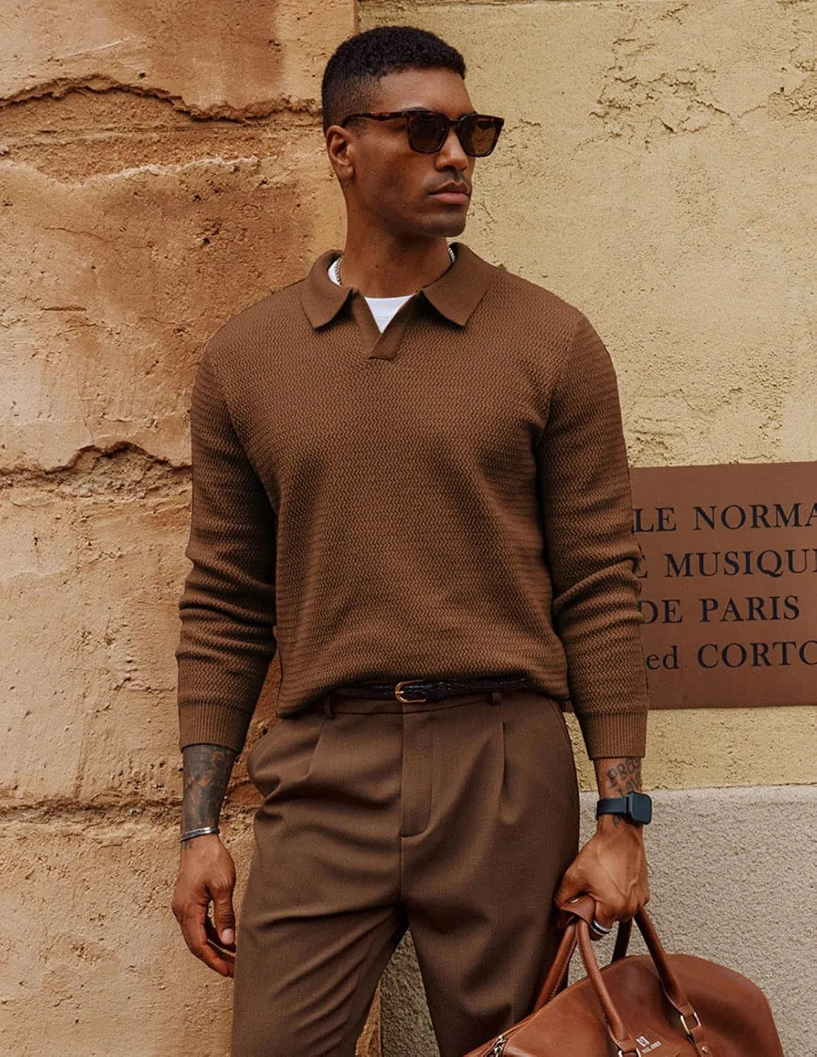 PJ PAUL JONES Men's Polo Shirts Long Sleeve Knit Polo Sweater Cable Knit Textured Sweater