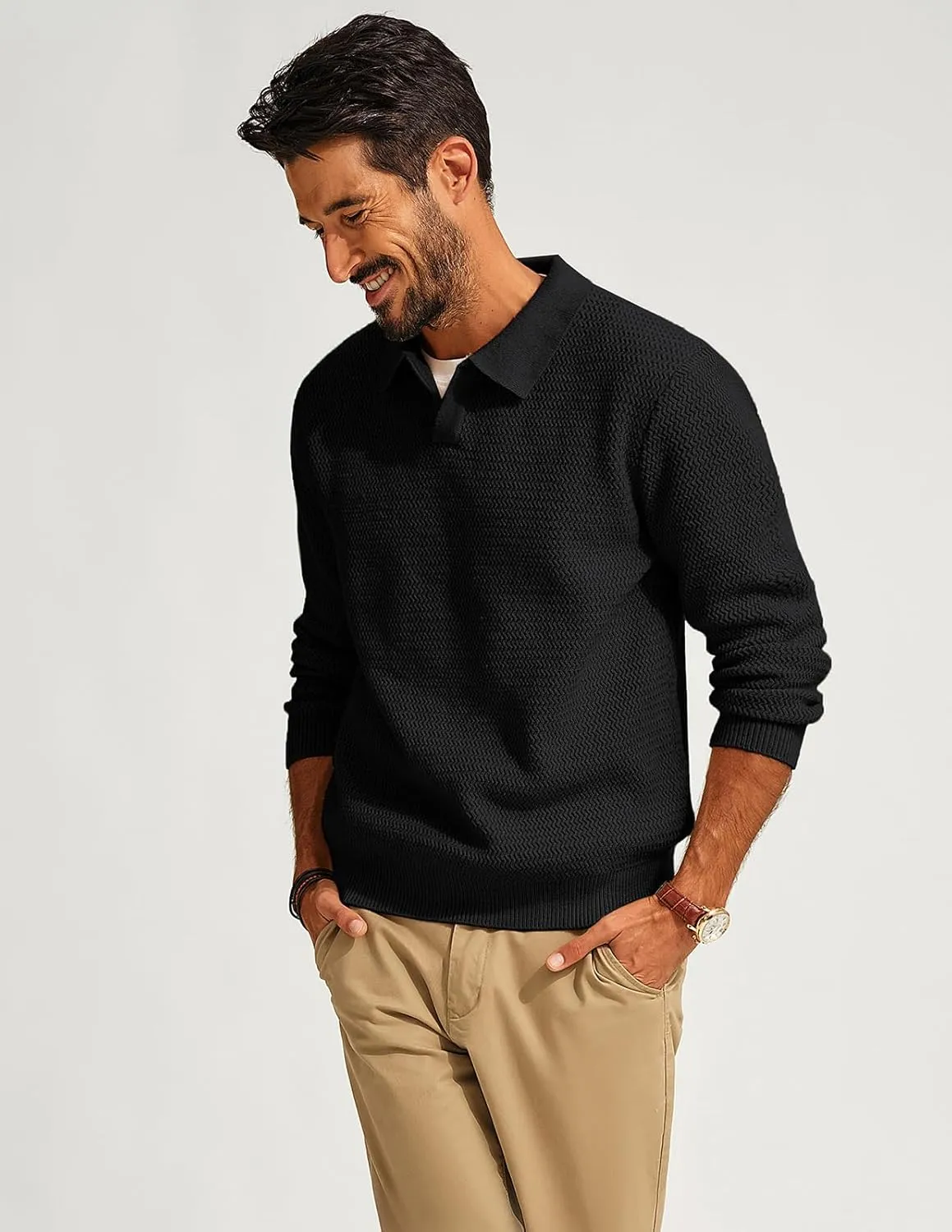 PJ PAUL JONES Men's Polo Shirts Long Sleeve Knit Polo Sweater Cable Knit Textured Sweater