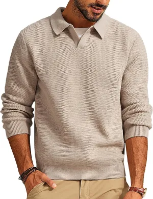 PJ PAUL JONES Men's Polo Shirts Long Sleeve Knit Polo Sweater Cable Knit Textured Sweater
