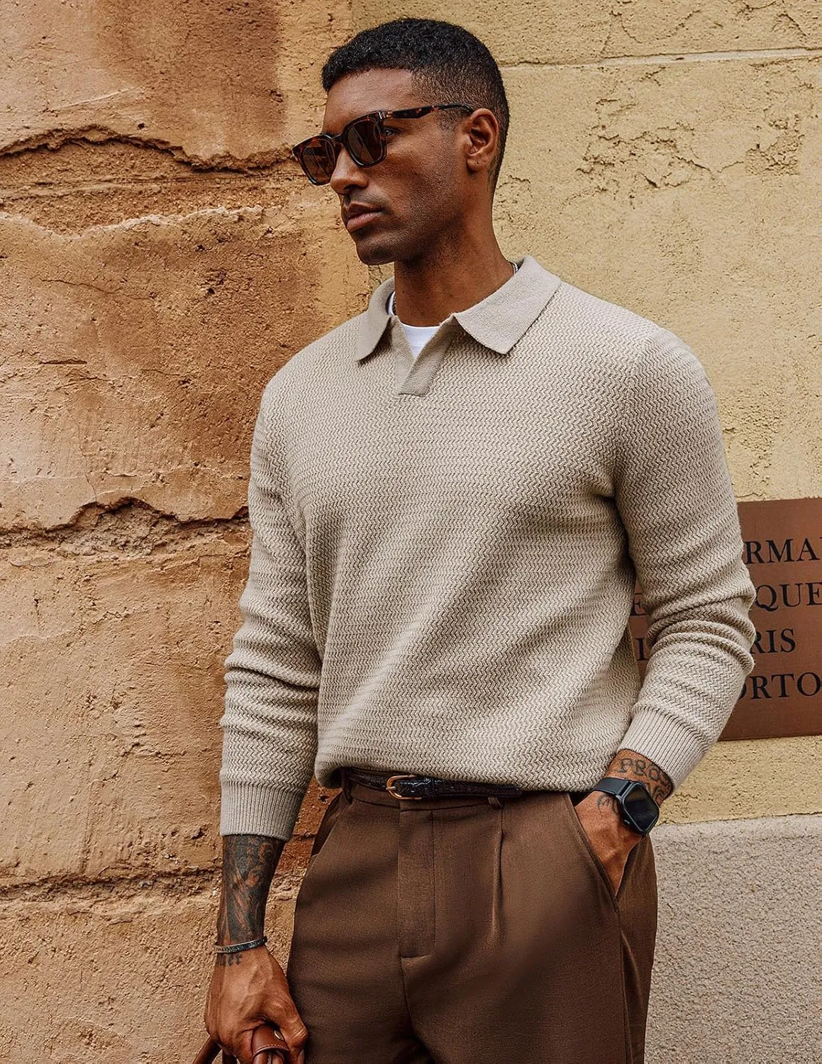 PJ PAUL JONES Men's Polo Shirts Long Sleeve Knit Polo Sweater Cable Knit Textured Sweater