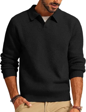 PJ PAUL JONES Men's Polo Shirts Long Sleeve Knit Polo Sweater Cable Knit Textured Sweater