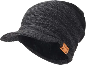 Ruphedy Mens Beanie with Brim Winter Hat Knitted Thick Fleece Visor Beanie with Bill B5042