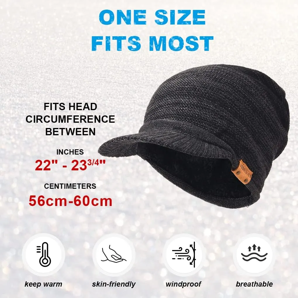 Ruphedy Mens Beanie with Brim Winter Hat Knitted Thick Fleece Visor Beanie with Bill B5042