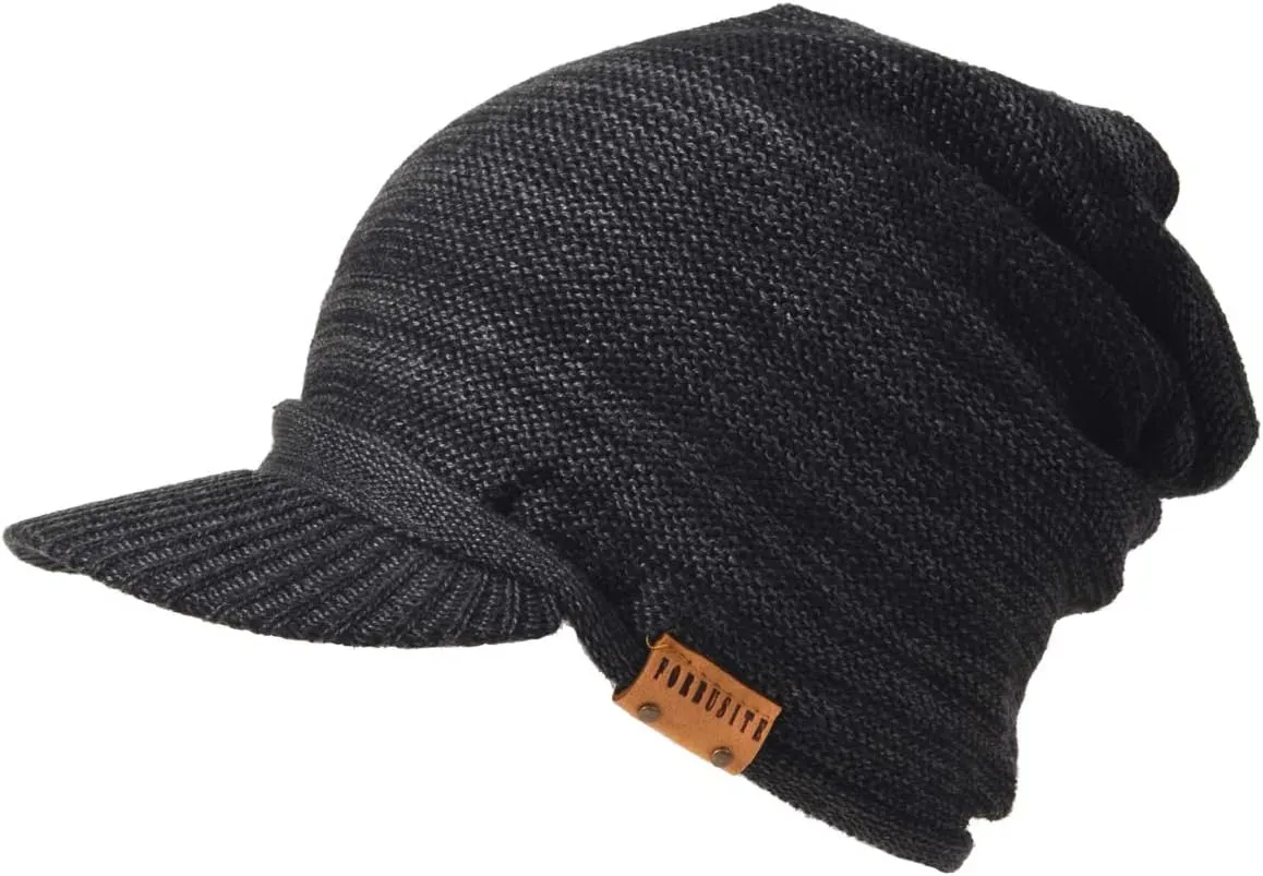 Ruphedy Mens Beanie with Brim Winter Hat Knitted Thick Fleece Visor Beanie with Bill B5042