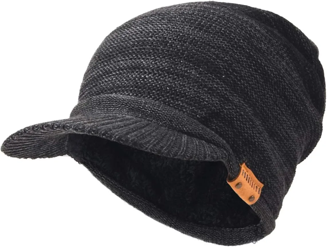 Ruphedy Mens Beanie with Brim Winter Hat Knitted Thick Fleece Visor Beanie with Bill B5042