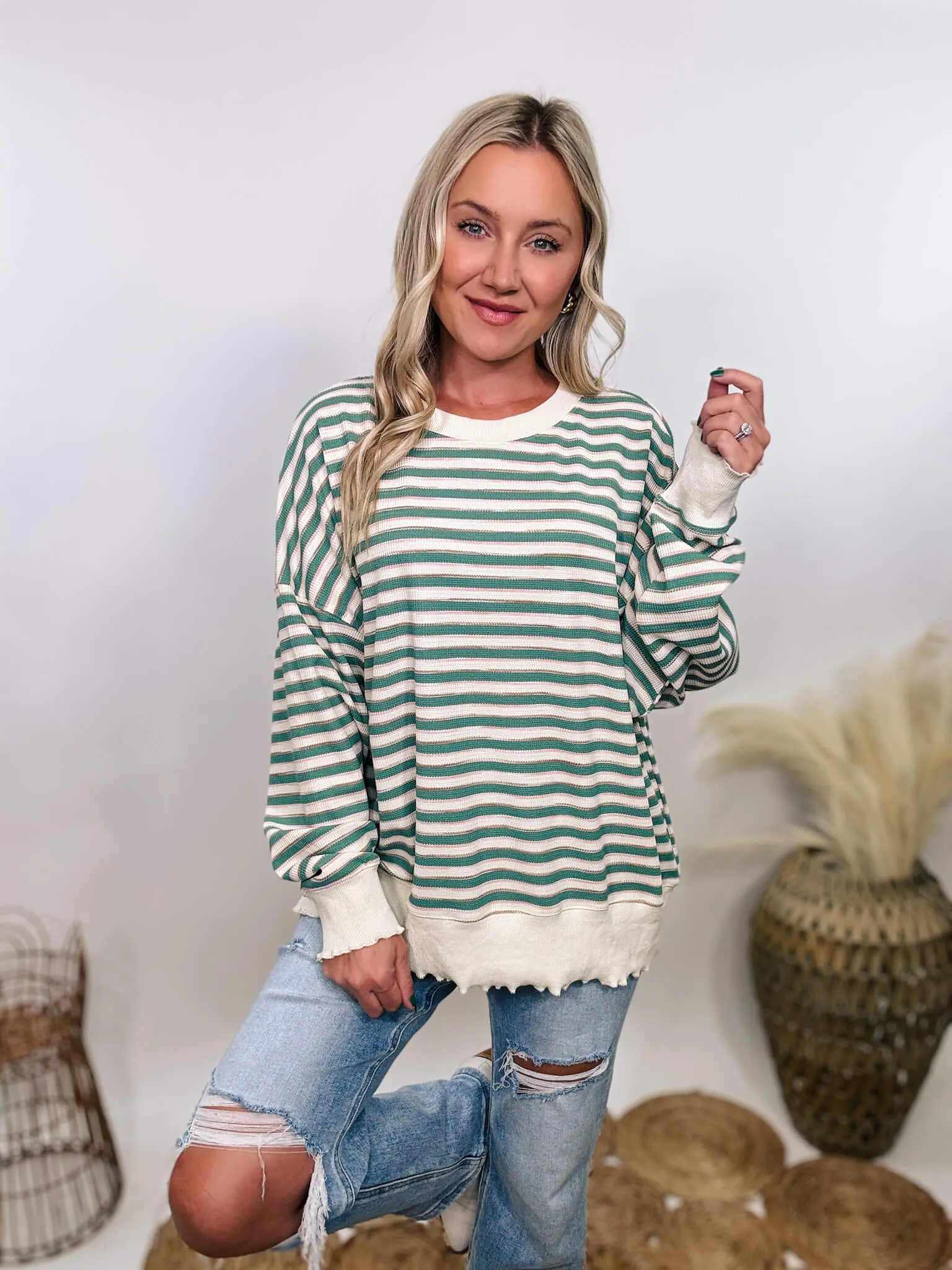 Sage Striped Thermal Oversized Long Sleeve Pullover