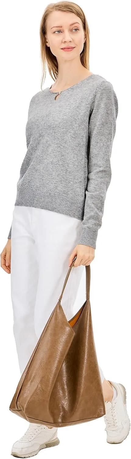 Simple&Opulence Women's Wool Crew Neck Sweater Long Sleeve Cropped Pullover Sweaters Cashmere-Like Texture S-XL