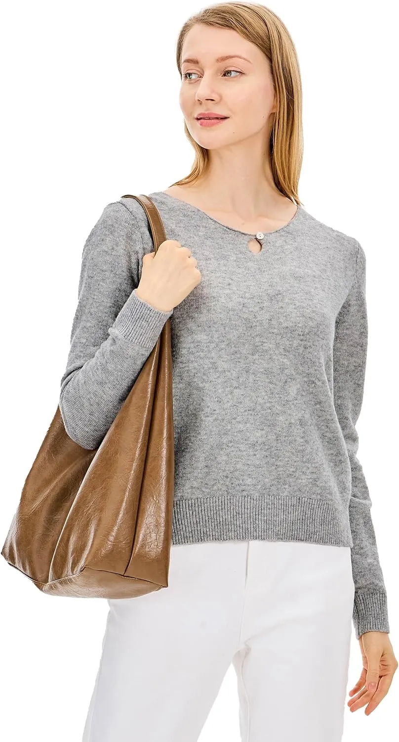 Simple&Opulence Women's Wool Crew Neck Sweater Long Sleeve Cropped Pullover Sweaters Cashmere-Like Texture S-XL