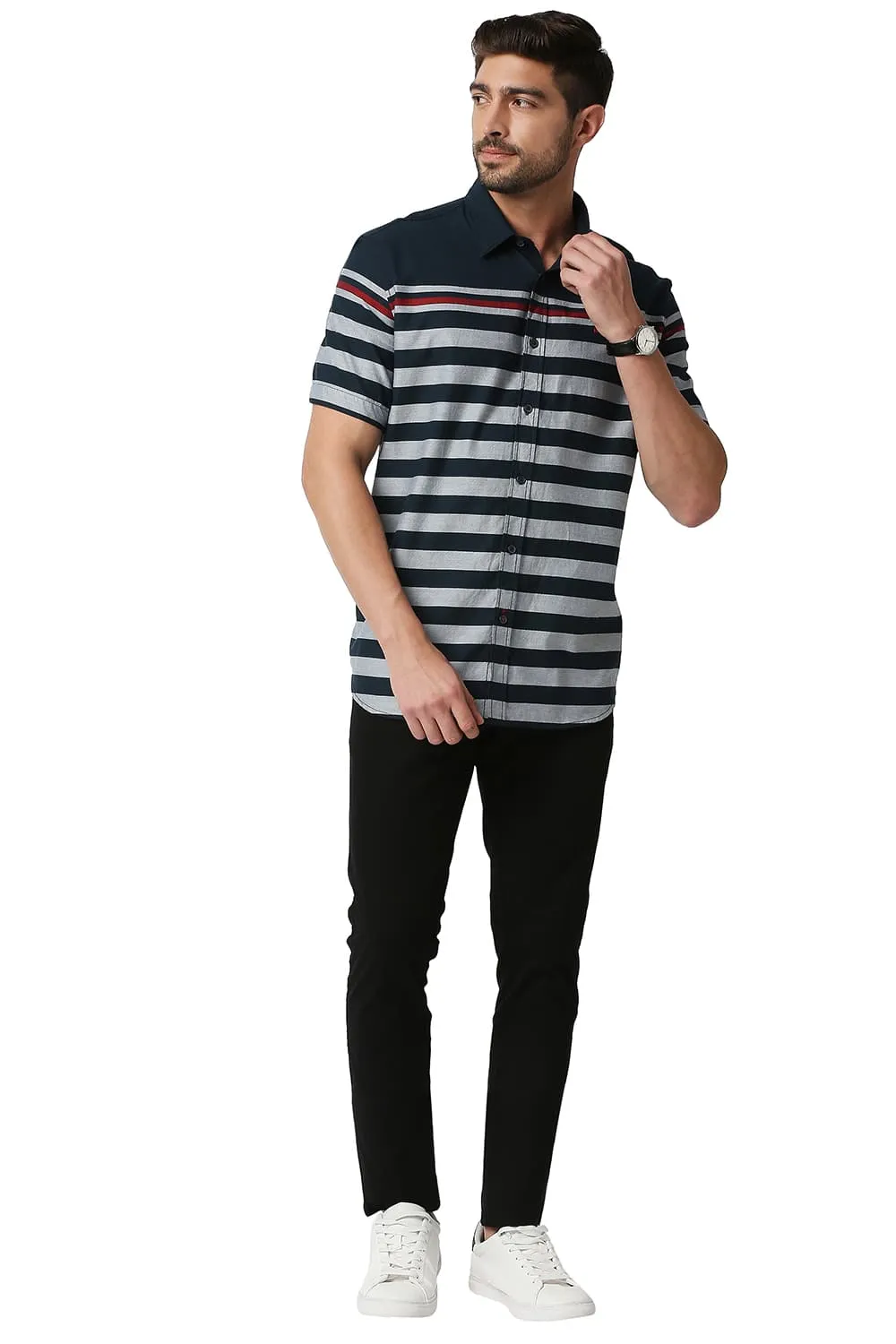 Slim Fit Twill Eng Weft Stripe Halfsleeves Shirt