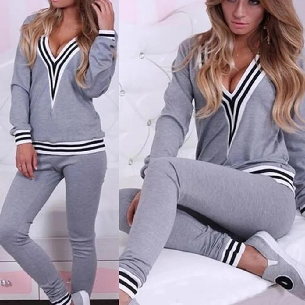 Soft Cotton V-Neck Striped Pullover and Pants Women's Tracksuits