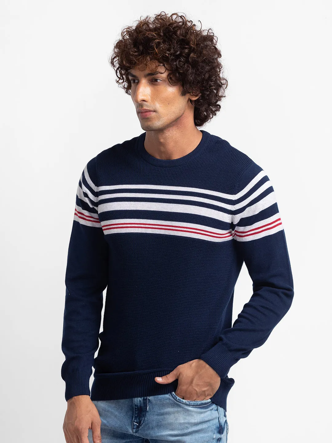 Spykar Navy Ash Melange Cotton Full Sleeve Casual Sweater For Men