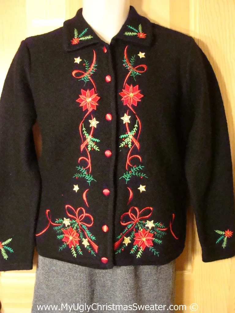Tacky Holiday Sweater with Bright Red Poinsettias and Green Ivy (f1039)