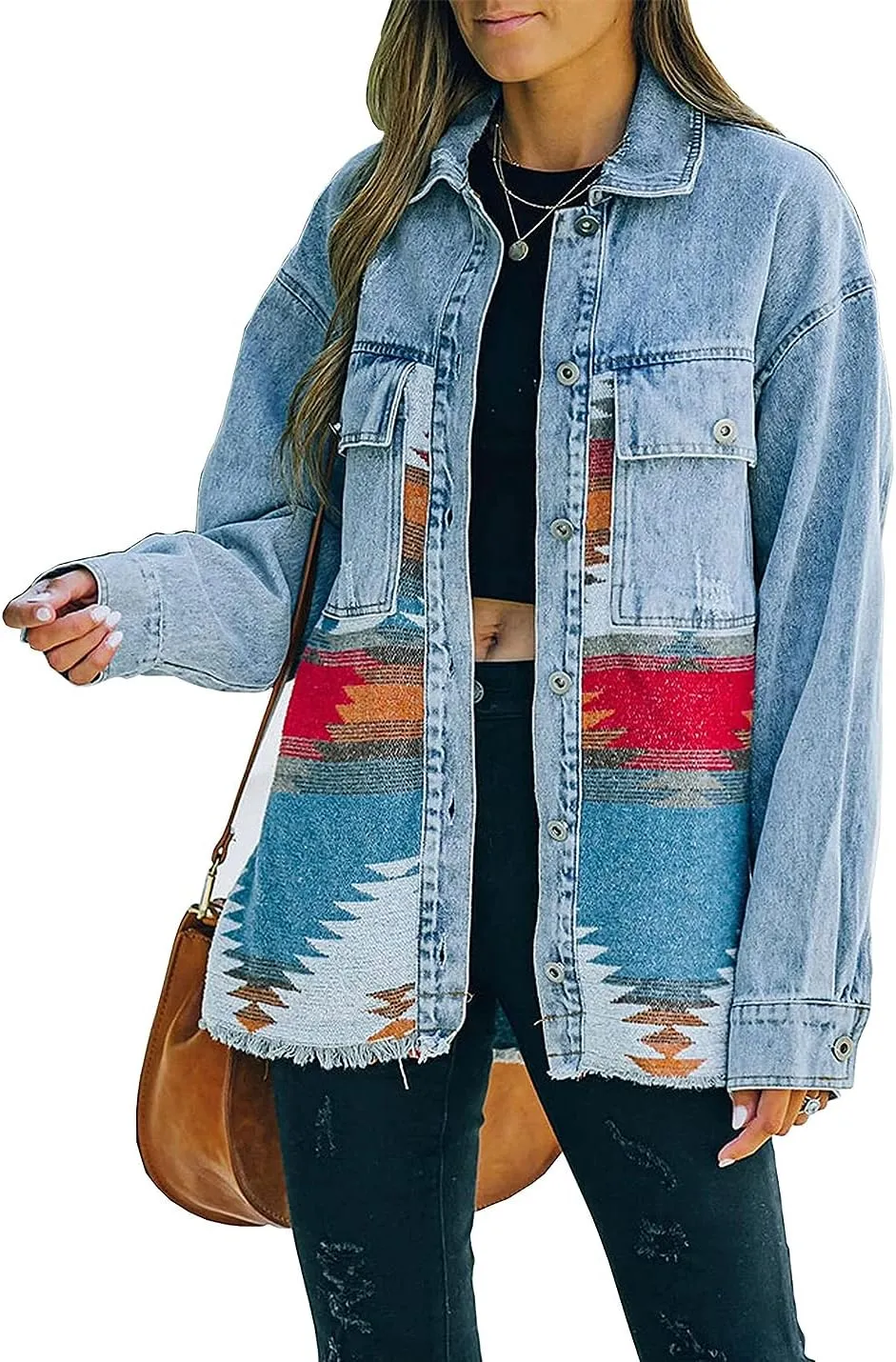 VIEWON Womens Aztec Print Shacket Jacket Western Long Sleeve Button Down Lightweight Casual Lapel Shirt Blouses Tops