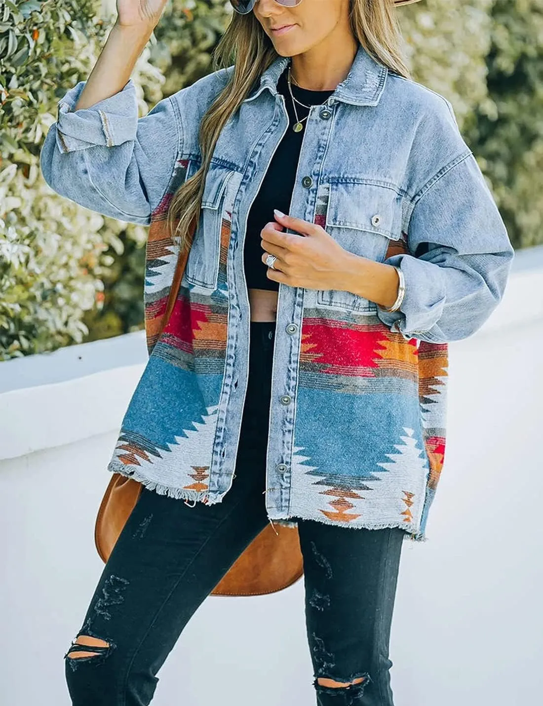 VIEWON Womens Aztec Print Shacket Jacket Western Long Sleeve Button Down Lightweight Casual Lapel Shirt Blouses Tops