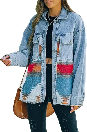 VIEWON Womens Aztec Print Shacket Jacket Western Long Sleeve Button Down Lightweight Casual Lapel Shirt Blouses Tops