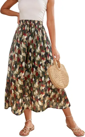 Women’s Midi Floral Print Skirt Flowy Boho High Elastic Waist Trendy Summer Beach Long Skirts for Women
