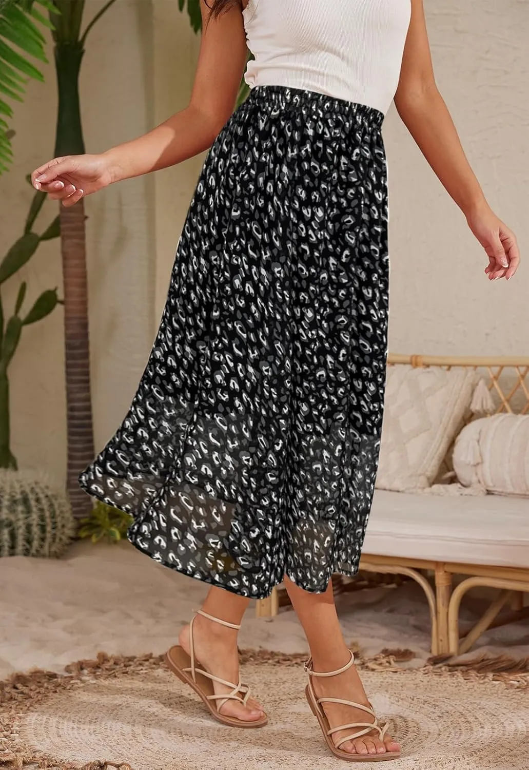 Women’s Midi Floral Print Skirt Flowy Boho High Elastic Waist Trendy Summer Beach Long Skirts for Women