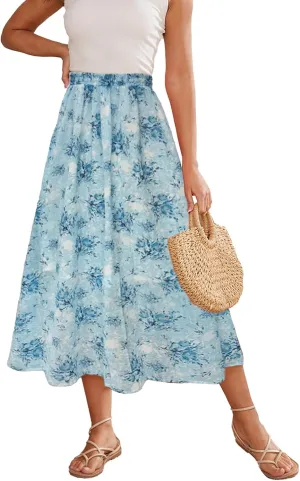 Women’s Midi Floral Print Skirt Flowy Boho High Elastic Waist Trendy Summer Beach Long Skirts for Women