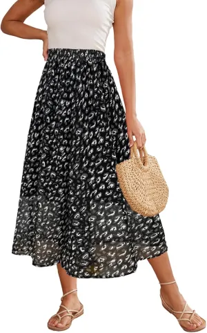 Women’s Midi Floral Print Skirt Flowy Boho High Elastic Waist Trendy Summer Beach Long Skirts for Women