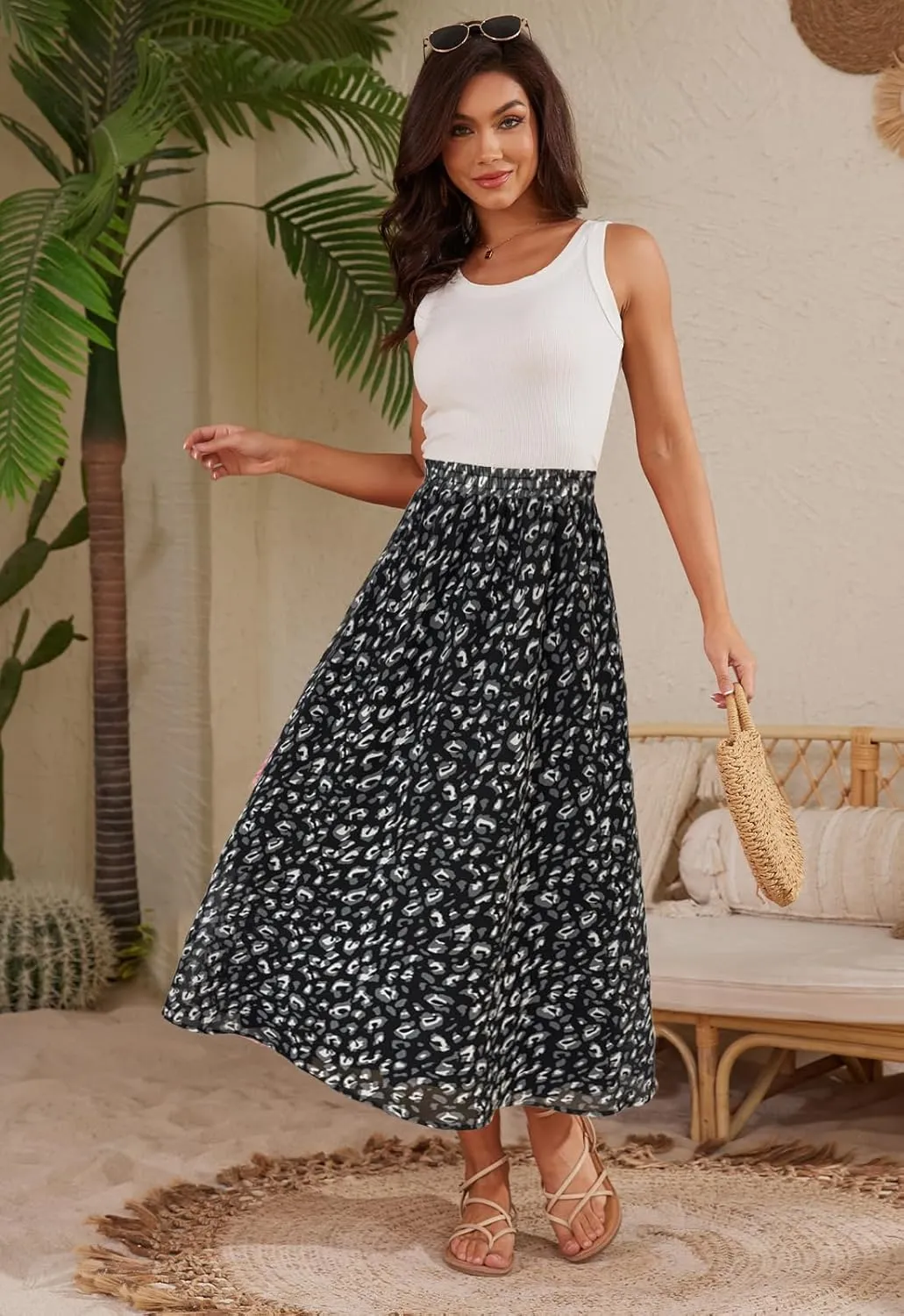 Women’s Midi Floral Print Skirt Flowy Boho High Elastic Waist Trendy Summer Beach Long Skirts for Women